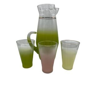 Vintage West Virginia Glass MCM Cocktail Pitcher & Three Glasses